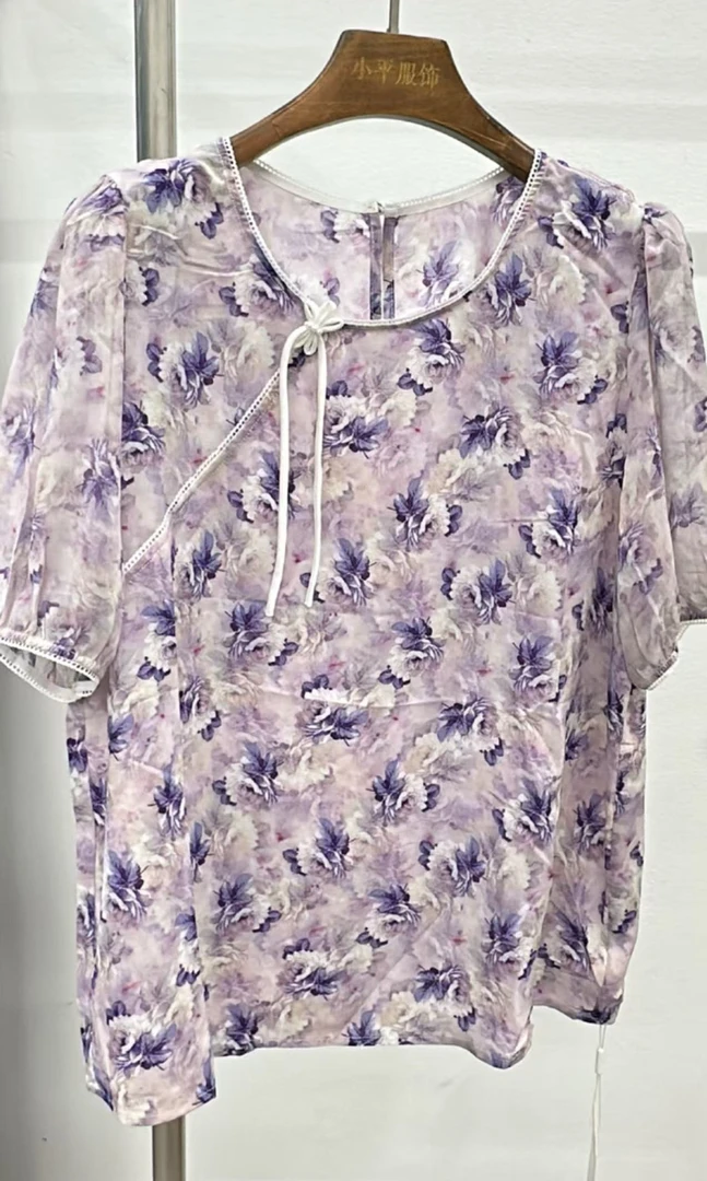 休闲短袖女装立领圆领韩范紫色碎花女衬衫夏季蓝色