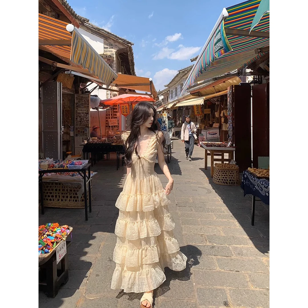 【斯嘉丽裙摆】法式海边度假风V领性感吊带裙女夏季重工收腰连衣裙