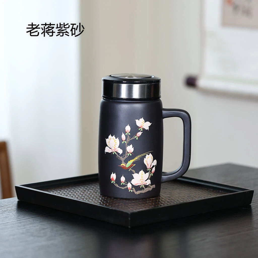 宜兴紫砂 玉兰花大容量便携办公家用把杯