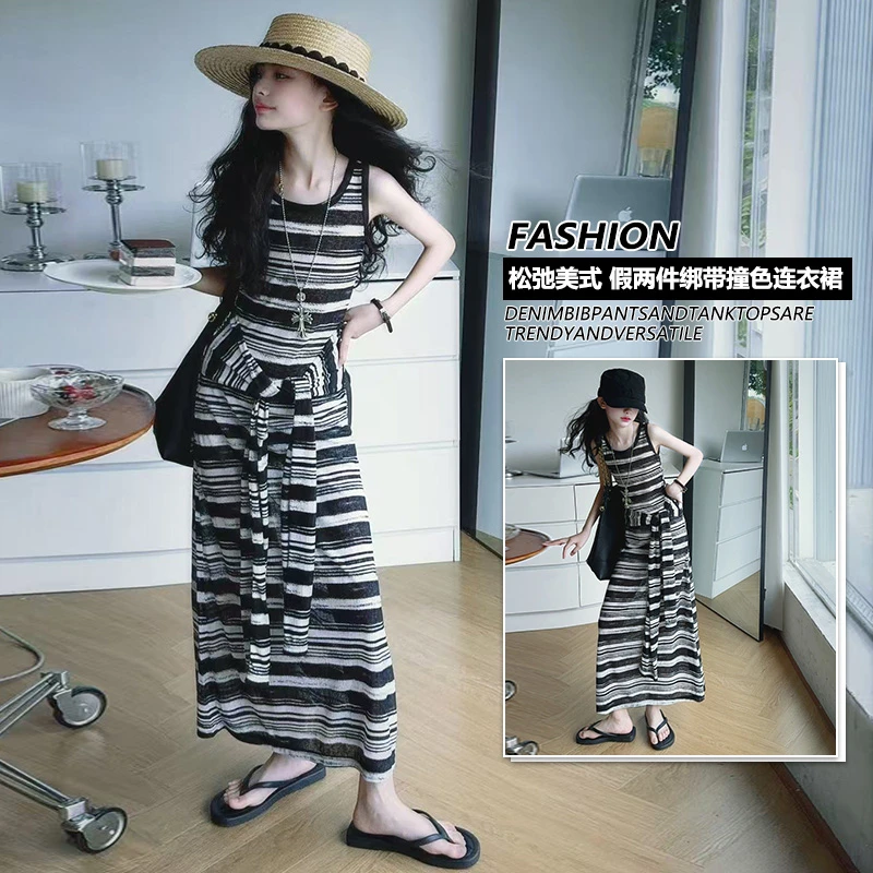 女童美式松弛感条纹假两件连衣裙夏季2025新款中大童洋气长裙子潮