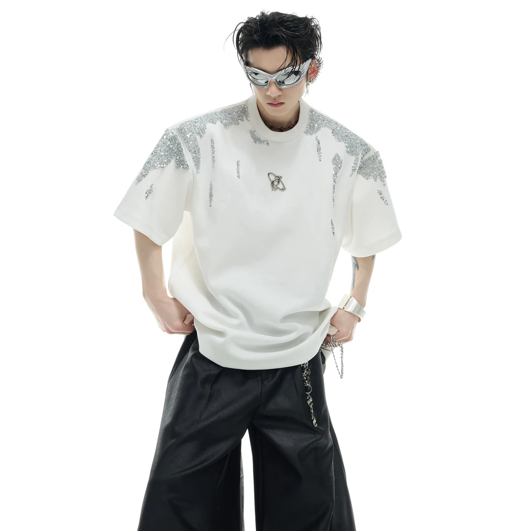 ArguE CulturE重工小众不规则亮片流金圆领短袖宽松高级贵气T恤夏