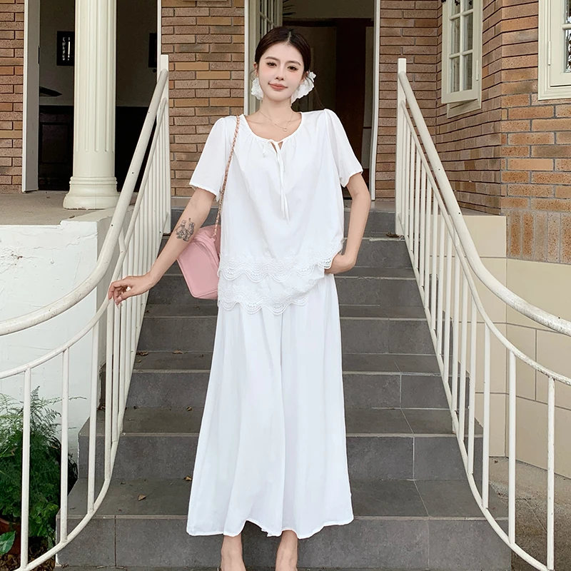 5773大码衬衫白色宽松系带衬衣夏季新款甜美花边拼接独特设计感