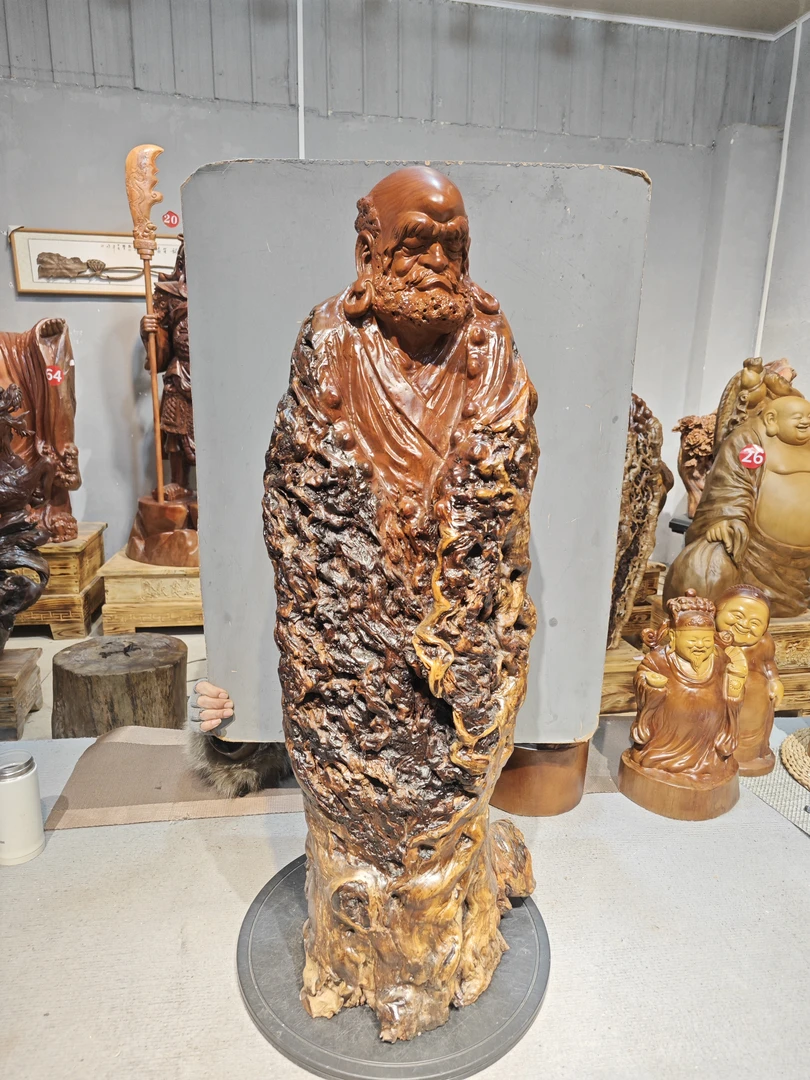 红枣木达摩根雕摆件,93高