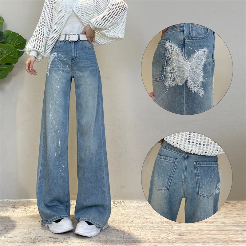 迪否窄版直筒阔腿微喇牛仔裤女夏季25新款蝴蝶烫钻显瘦喇叭裤6051