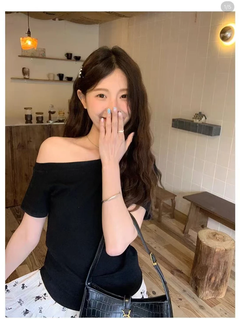 那简家 8826韩系慵懒风斜领露肩短袖T恤女宽松显瘦时尚chic上衣