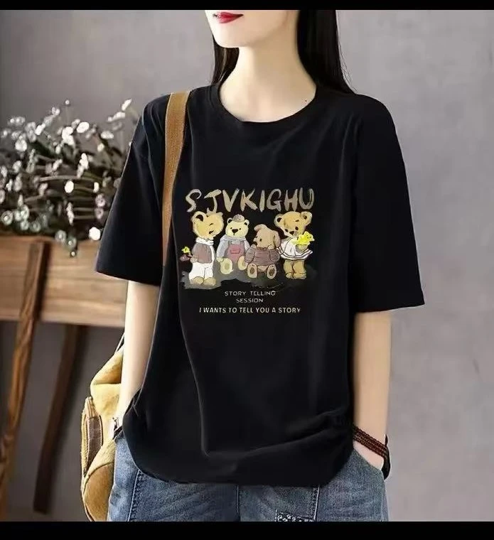 莫奈花园风时尚百搭夏季宽松圆领黑色半袖休闲小众网红纯棉白色