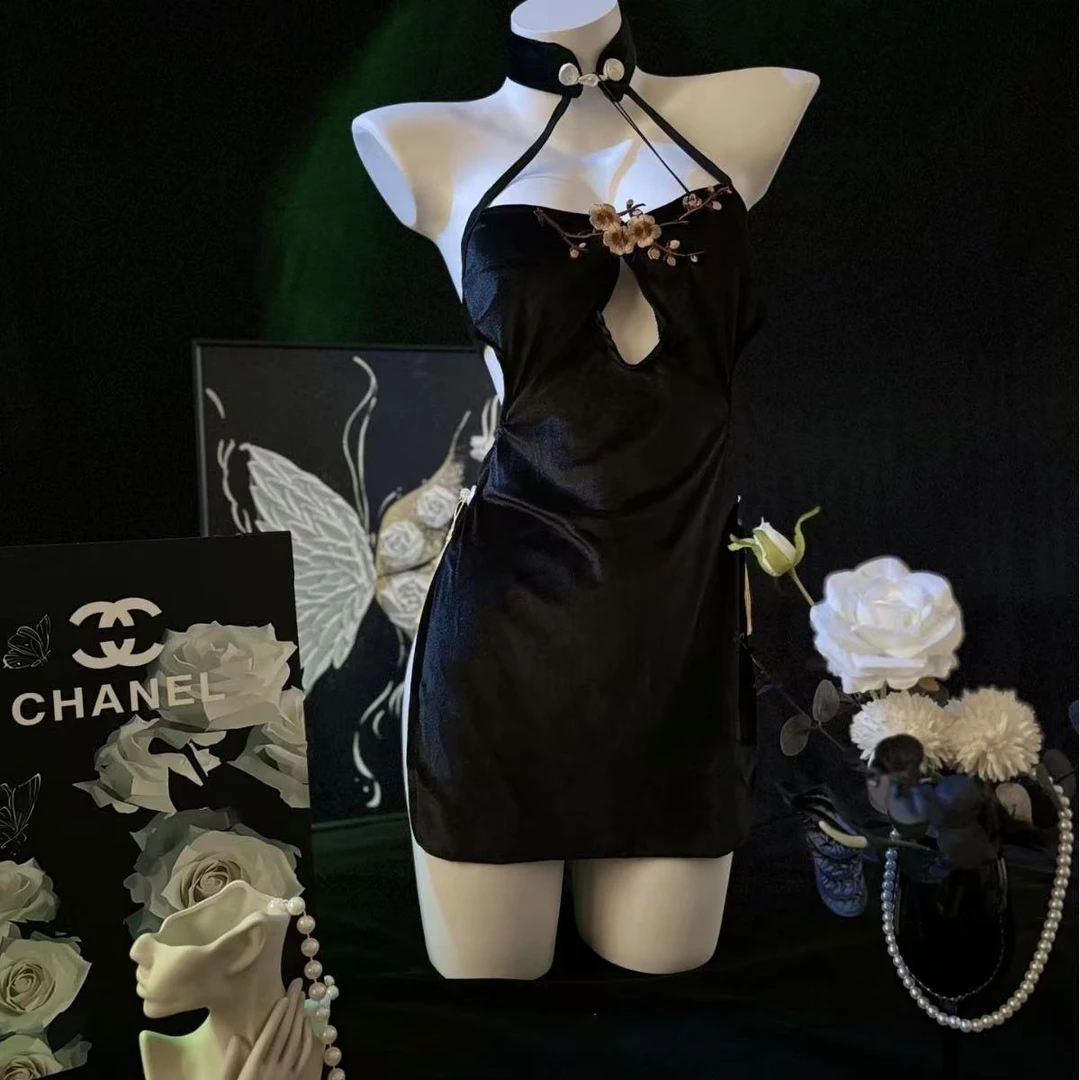 法式辣妹透视网纱玫瑰挂脖包臀裙女性感御姐可外穿睡衣