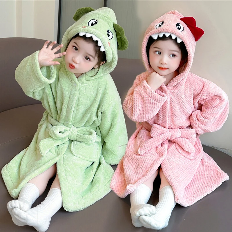 女童睡袍法兰绒秋冬连帽斗篷吸水可穿式浴袍宝宝珊瑚绒浴巾家居服