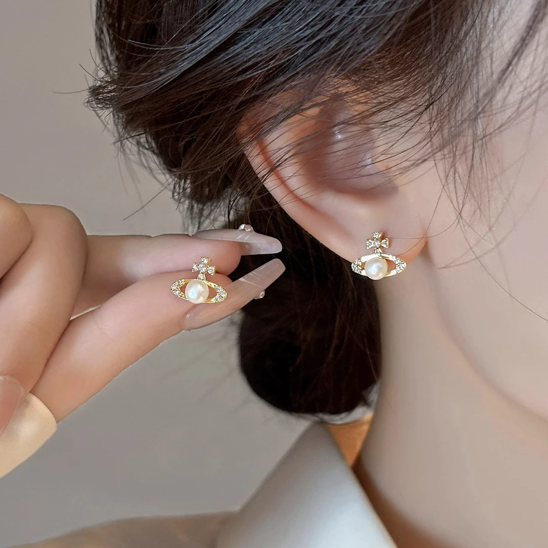 星球土星耳钉女珠珠锆石设计感小巧耳饰时尚高级感气质日韩轻奢风