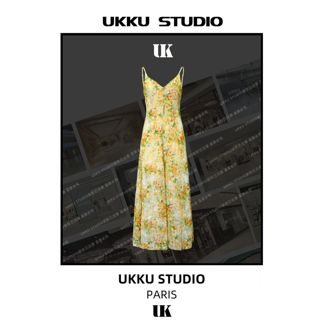YT【UKKU STUDIO】新款时尚设计师玫收腰印花吊带连衣裙513659