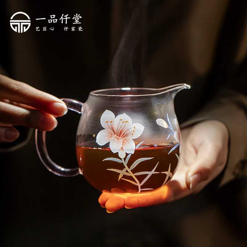 手绘百合高硼硅玻璃公道杯透明耐高温防爆茶海大号高档精致分茶器