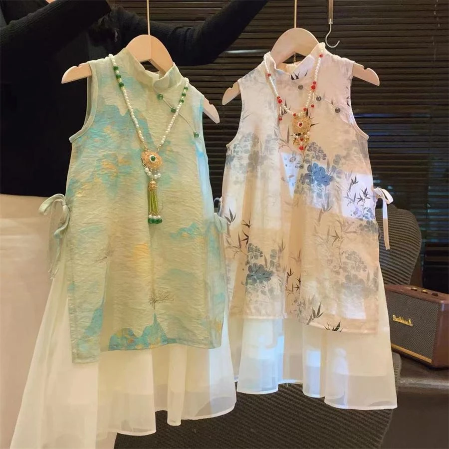 女童国风气质连衣裙2024夏季新款宝宝新中式汉服青山无袖裙AXA256