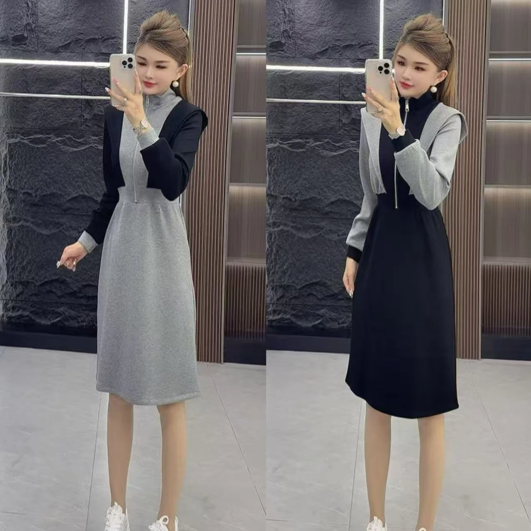 秋款0738 时尚洋气显瘦连帽拼接连衣裙