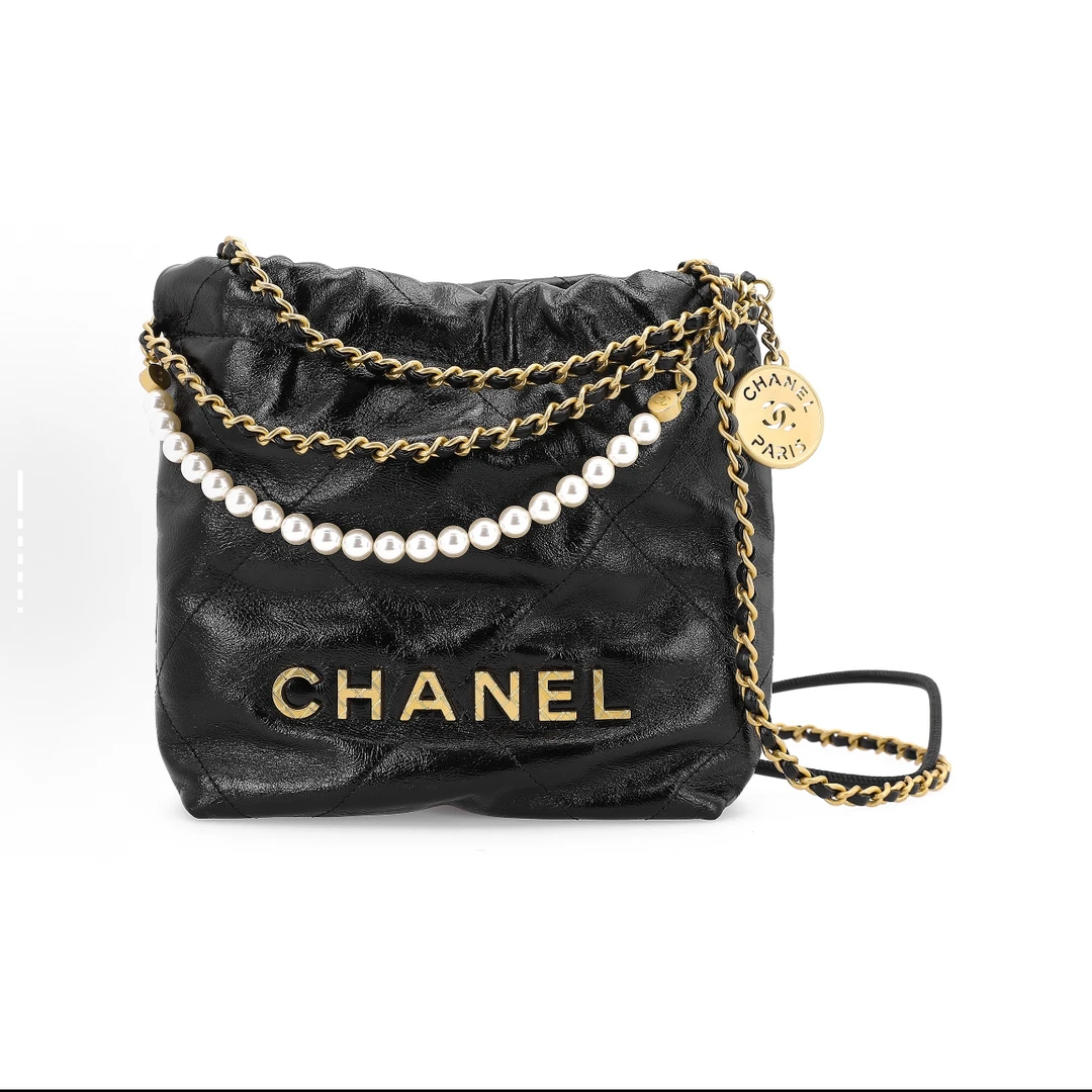 99新 Chanel/香奈儿 黑金mini珍珠垃圾袋流浪包单肩包芯片款