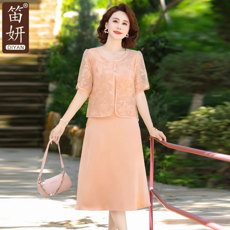 中年妈妈夏装雪纺碎花连衣裙2025新款中老年女夏季贵夫人短袖裙子