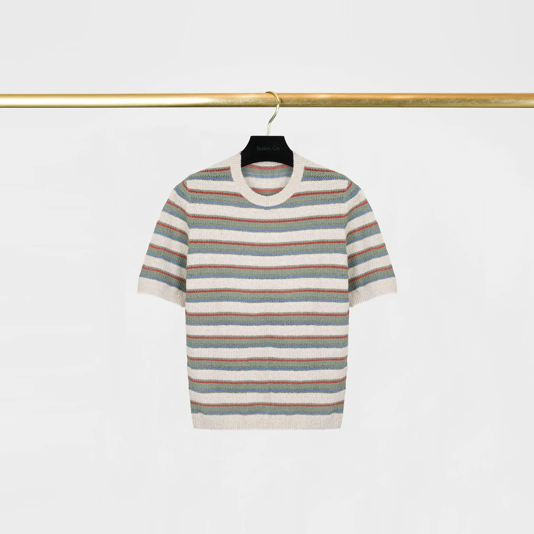 我是摩羯 抹茶生巧UPW棉亚麻12G彩色镂空条纹圆领秋针织衫上衣