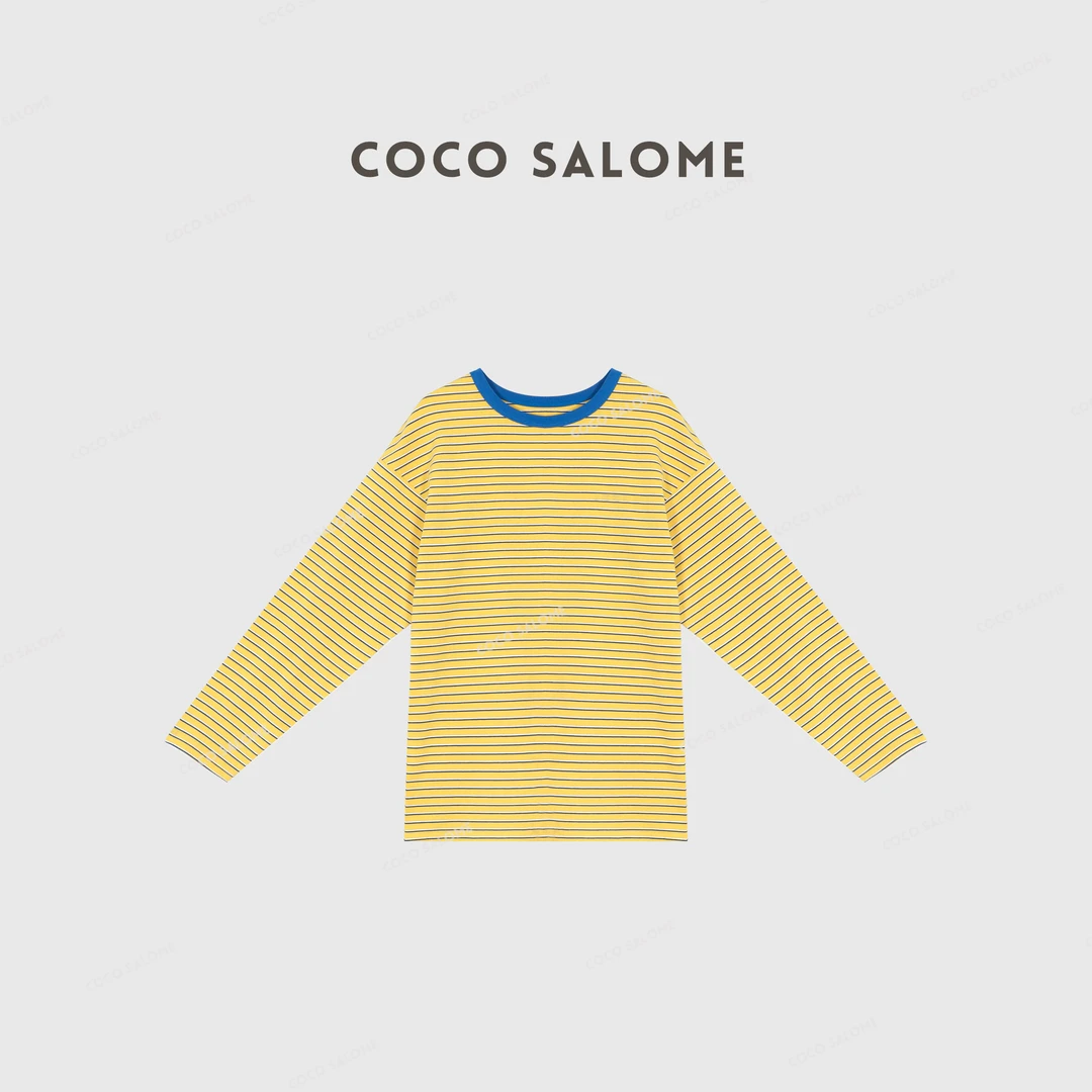 COCO SALOME⑥【蛋黄T】2025早春180g宽松大版条纹弹力圆领长袖256K