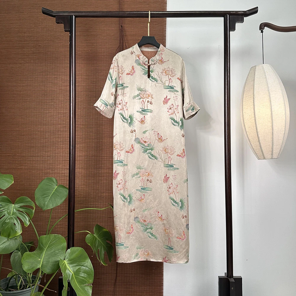 【7523】荷塘月色   新中式40姆米缎面提花连衣裙