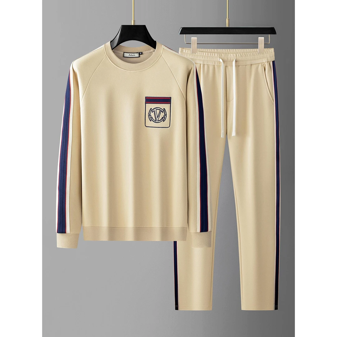 2025秋季时尚潮流空气层两件套男撞色织带高端卫衣休闲运动套装男