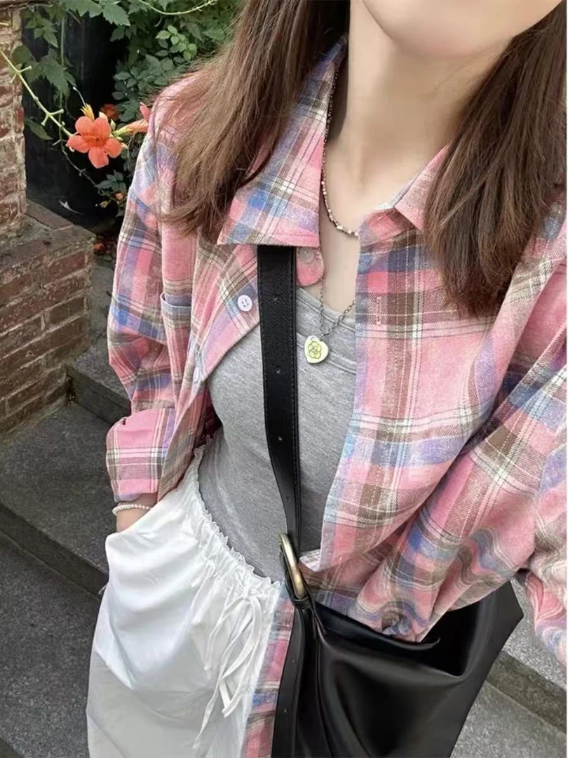 美式复古扎染格子衬衫女长袖春秋美拉德甜美休闲外套上衣