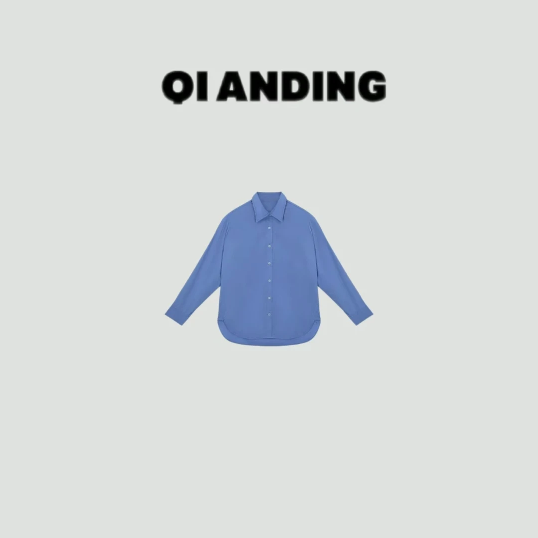 【QIANDING】2025新款“蓝调”早春100棉高级感翻领单排扣衬衫2521