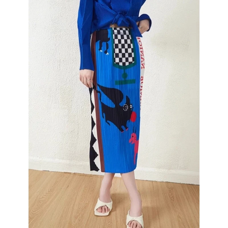 印花撞色皱褶半身裙女2025夏季新款松紧腰侧开叉三宅风压褶直筒裙