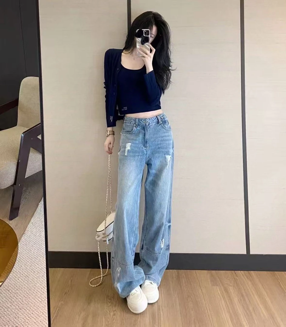91001 UF宽松显瘦阔腿裤直筒高腰拖地裤梨形身材直筒裤牛仔裤