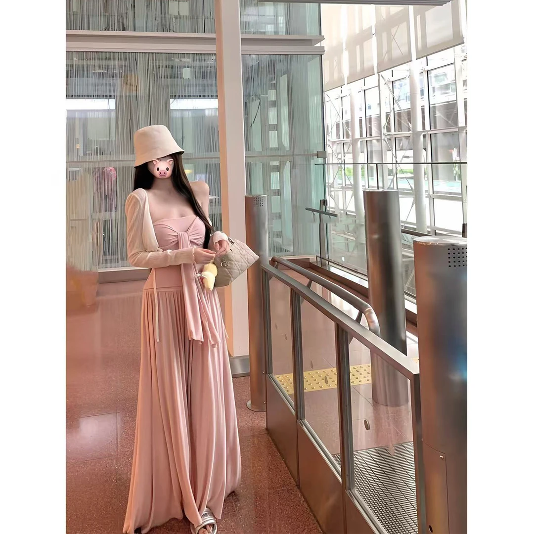 诺丁山恋人 复古挂脖抹胸女夏高腰半身裙韩系温柔气质套装L 8887#