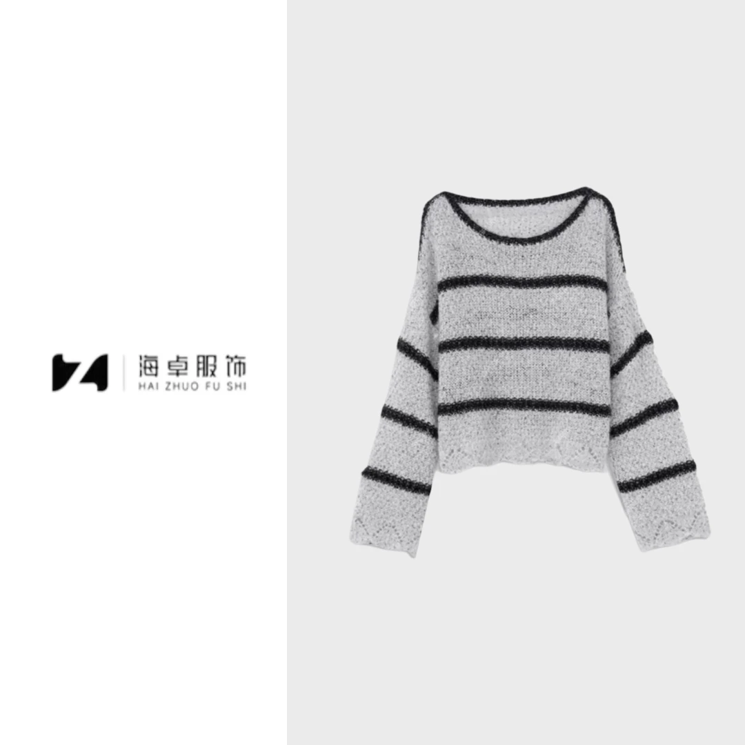 海卓～2025春季新款韩系温柔减龄时尚百搭圆领撞色条纹针织衫1296
