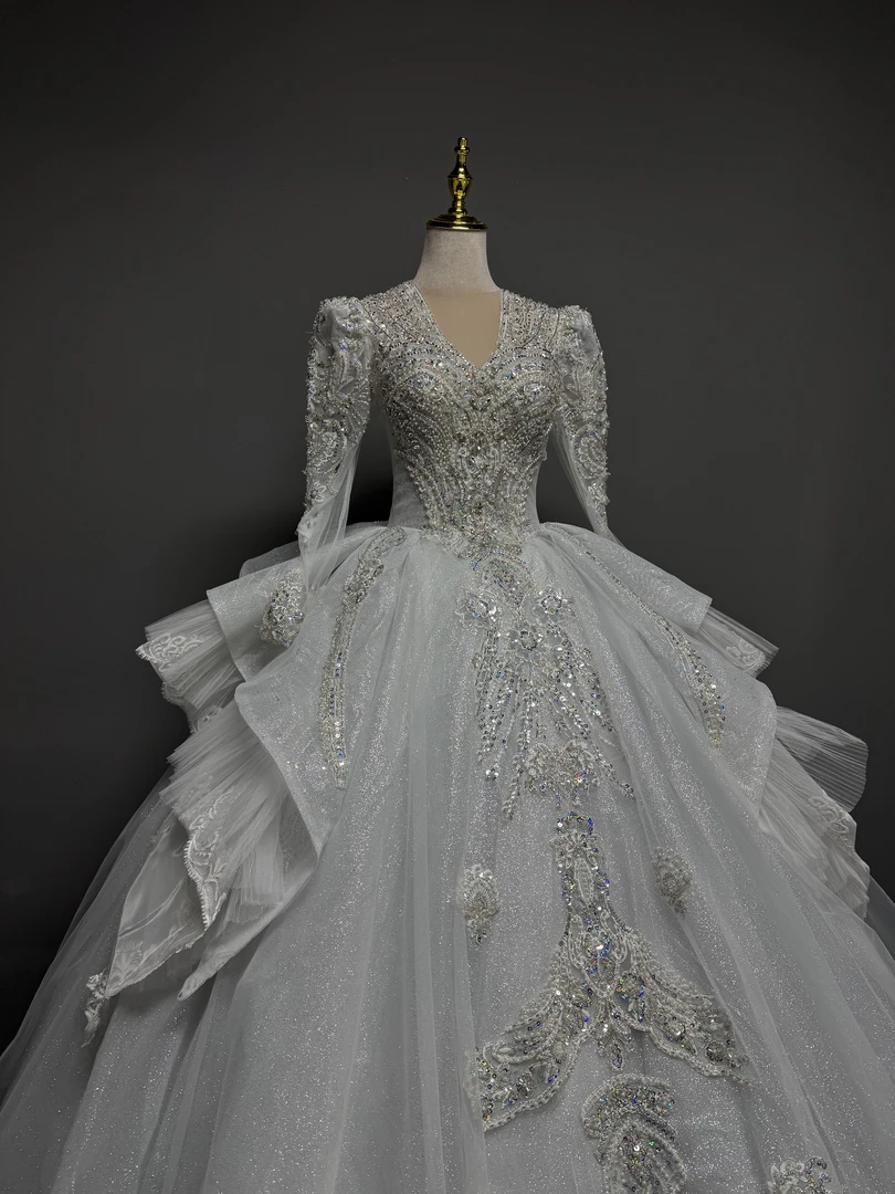 新款爆闪重工灰蓝色婚纱齐地