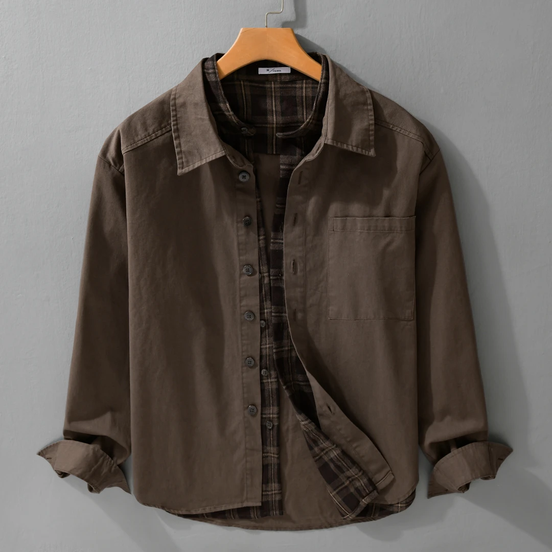 美式假两件巴恩风衬衫男款秋季拼接格子设计感潮牌休闲衬衣男外套