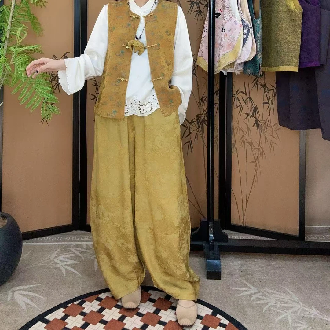【小许夫妇】新中式暗纹提花人丝萝卜弹力腰阔腿裤女