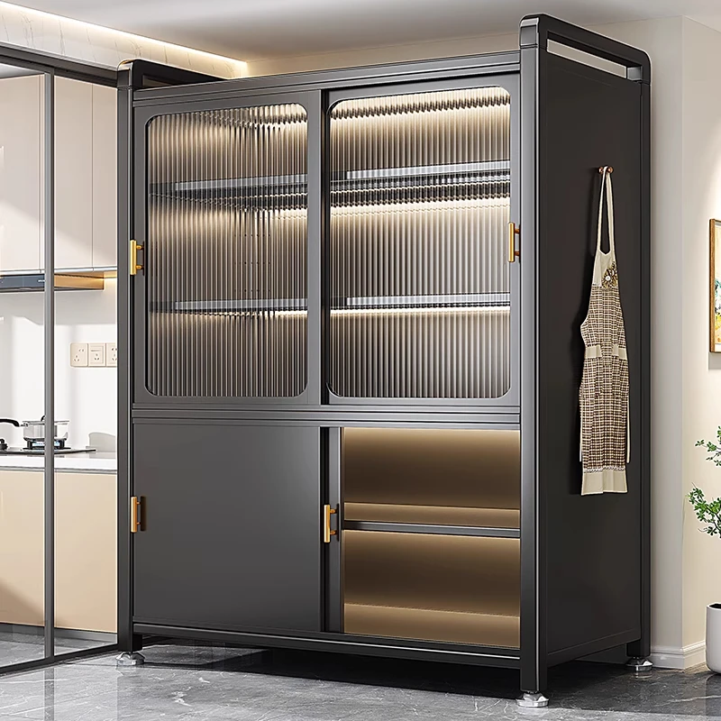 厨房分区置物架多层落地柜推拉门橱柜家用锅碗收纳柜多功能储物柜