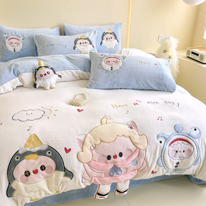 卡通重工刺绣贴布绣高端牛奶绒三四件套被套床单床上用品保暖套件