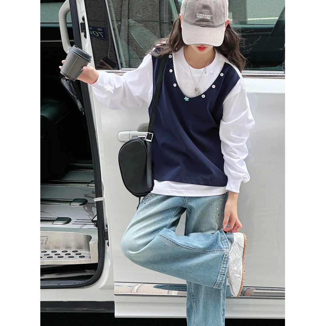 K29541孙小美假两件女童长袖T恤2025秋装新款儿童上衣春秋打底