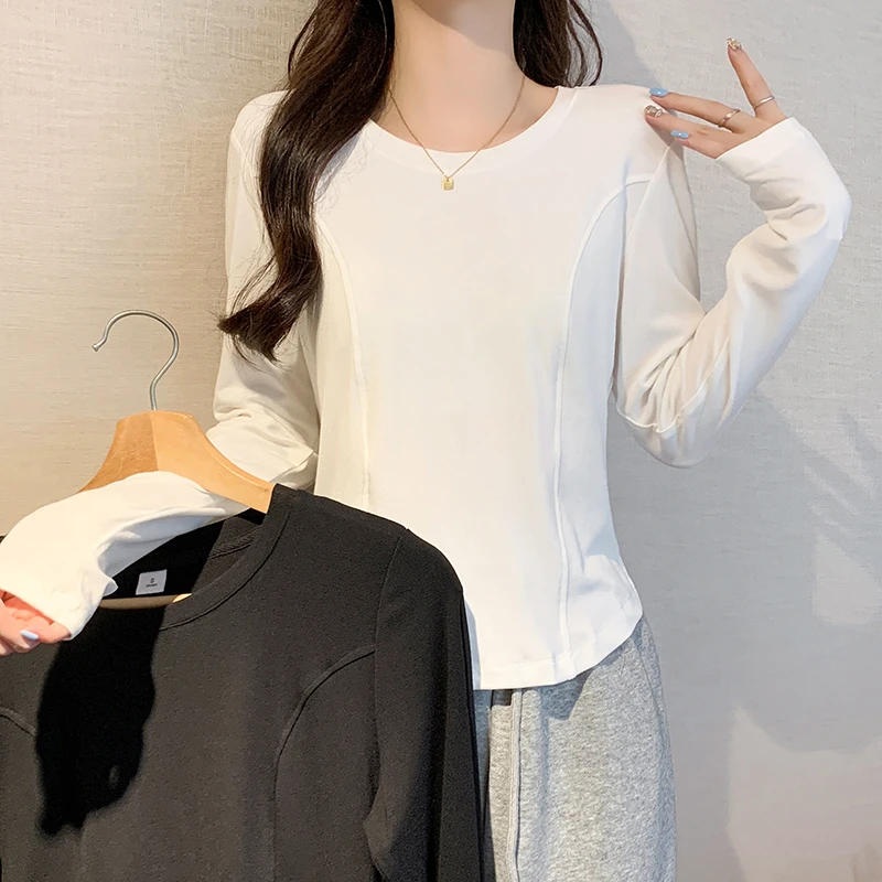 早秋上新圆领内搭鱼骨弧形下摆长袖小众设计感修身外穿上衣