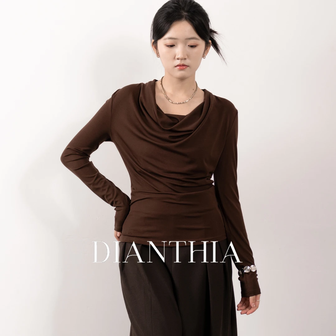 DianThia荡领长袖T恤女2025秋季新款小个子修身显瘦内搭打底上衣