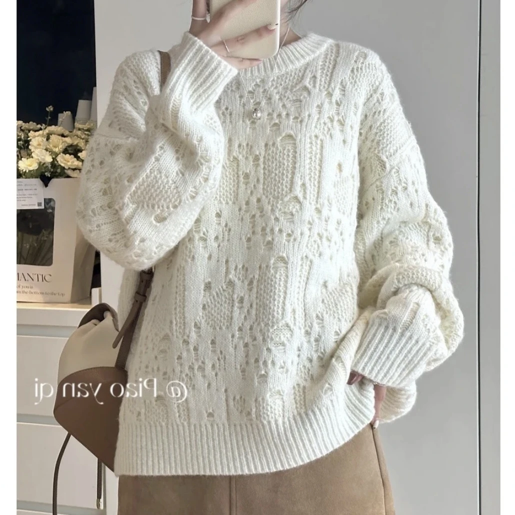 YANQI【奶酪陷阱】温柔百搭宽松镂空针织气质毛衣毛针织衫Y8683