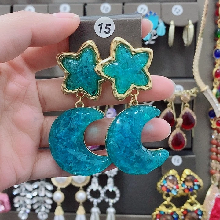 锆石纯铜合金蓝色琉璃星月耳环