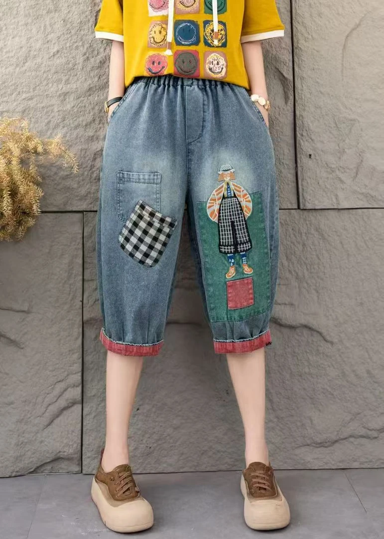 夏季薄款牛仔裤水洗时尚洋气裤子哈伦裤刺绣六分裤