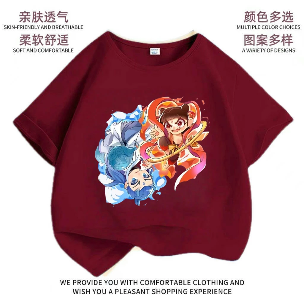 可爱魔丸哪吒卡通夏季新款男女中大儿童短袖t恤纯棉圆领宽松上衣