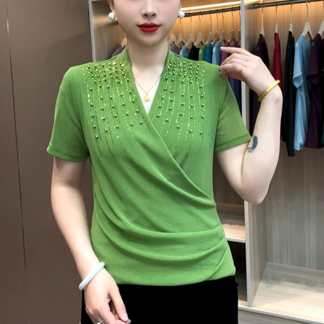 夏季新款短袖女装气质烫钻洋气显瘦宽松遮肉款纯色洋气女士短袖