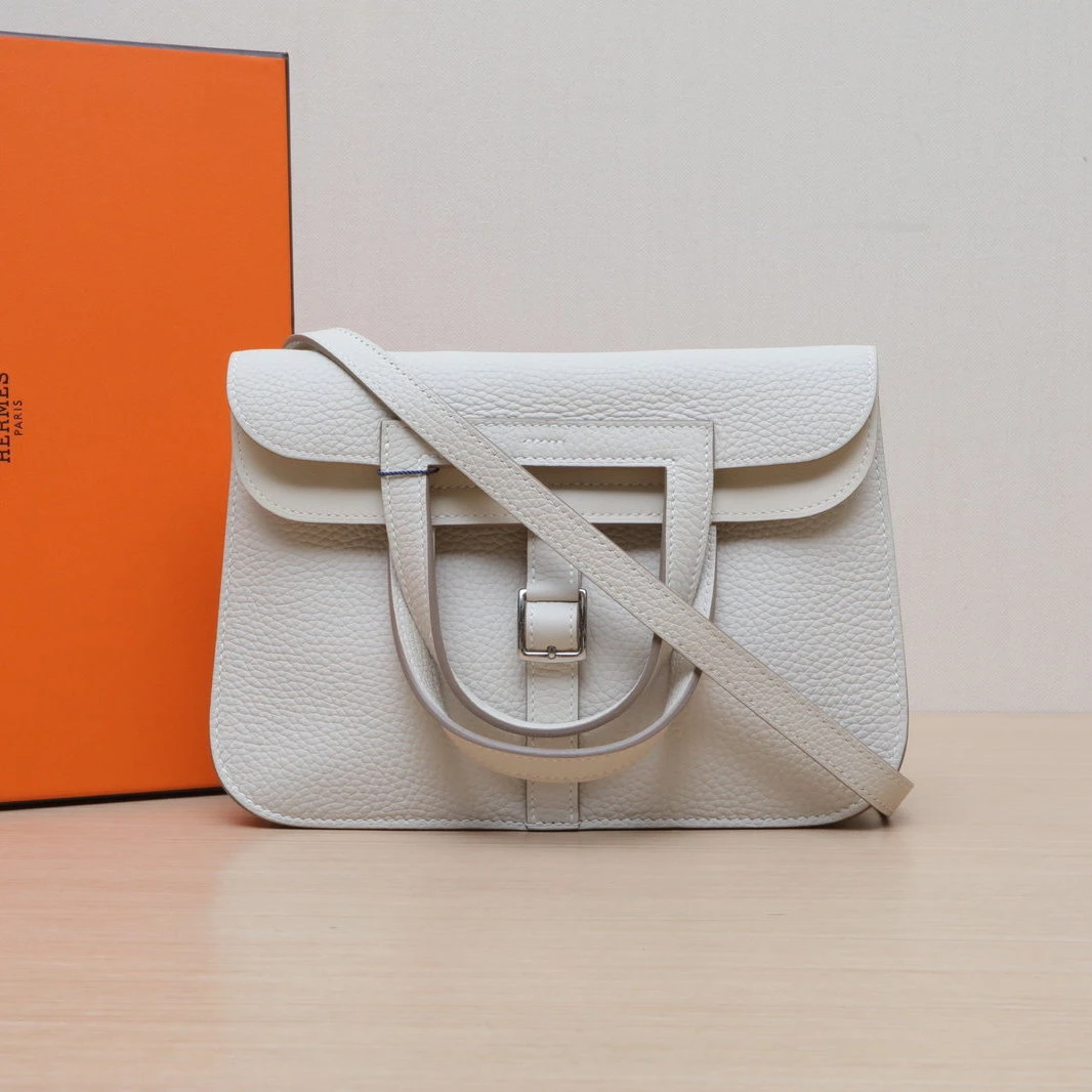 99新 Hermes/爱马仕 小花6欢 Halzan25单肩包 10奶昔白 TC皮 U刻