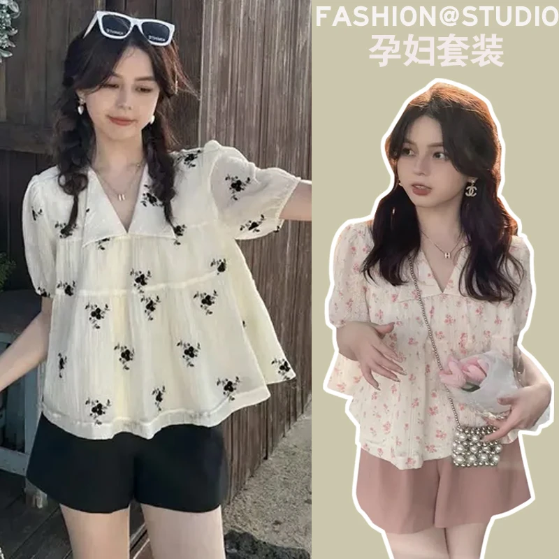 小个子孕妇套装夏季时尚设计感褶皱v领雪纺遮肚上衣百搭显瘦短裤8