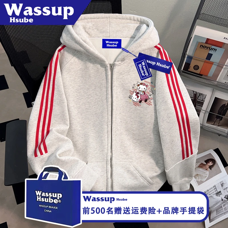 WASSUP HSUBE凯蒂猫开车印花外套秋季拉链卫衣男女三条杠连帽开衫