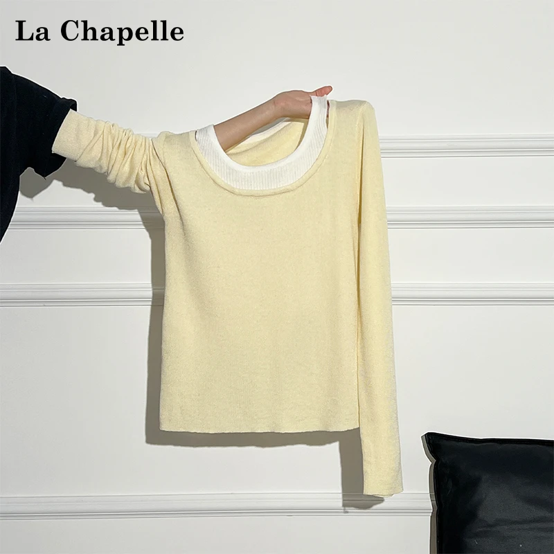 拉夏贝尔撞色假两件圆领高级感针织打底衫秋季新款甜美长袖女上衣