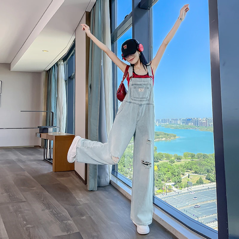 破洞牛仔背带裤女2025春秋夏季新款韩版减龄宽松显瘦直筒阔腿裤