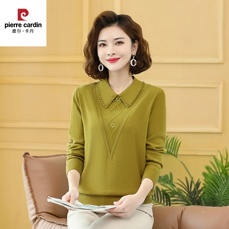 皮尔卡丹40岁50岁中老年女装秋季新款针织翻领毛衣时尚妈妈装春秋