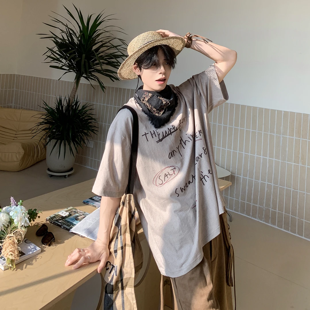白口阳【埃塞庄园】印花松弛感T恤复古炒色涂鸦手绘做旧短袖男TT619