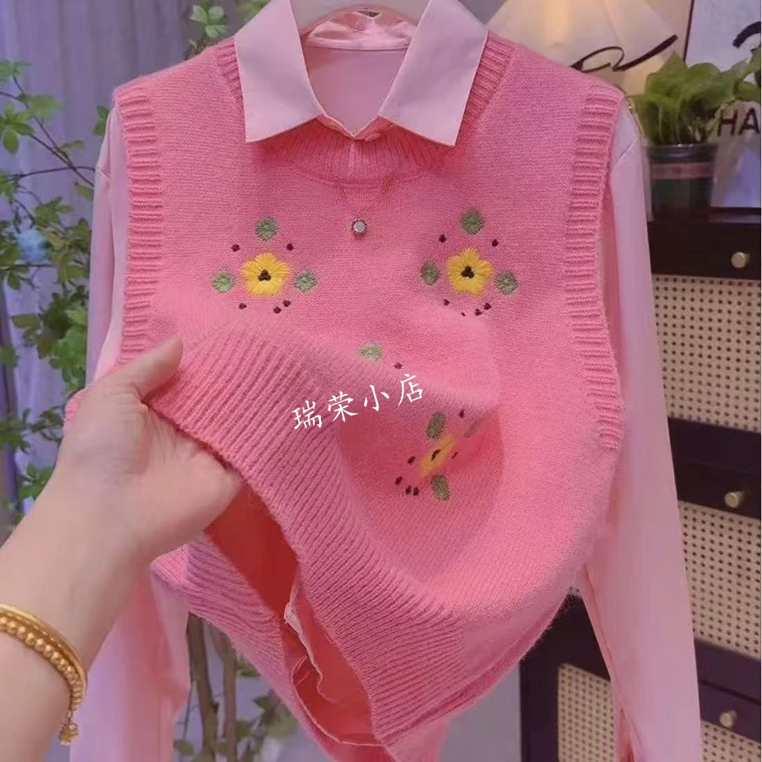 款韩系刺绣花朵毛衣针织衫甜美重工春秋季温柔圆领针织宽松上衣